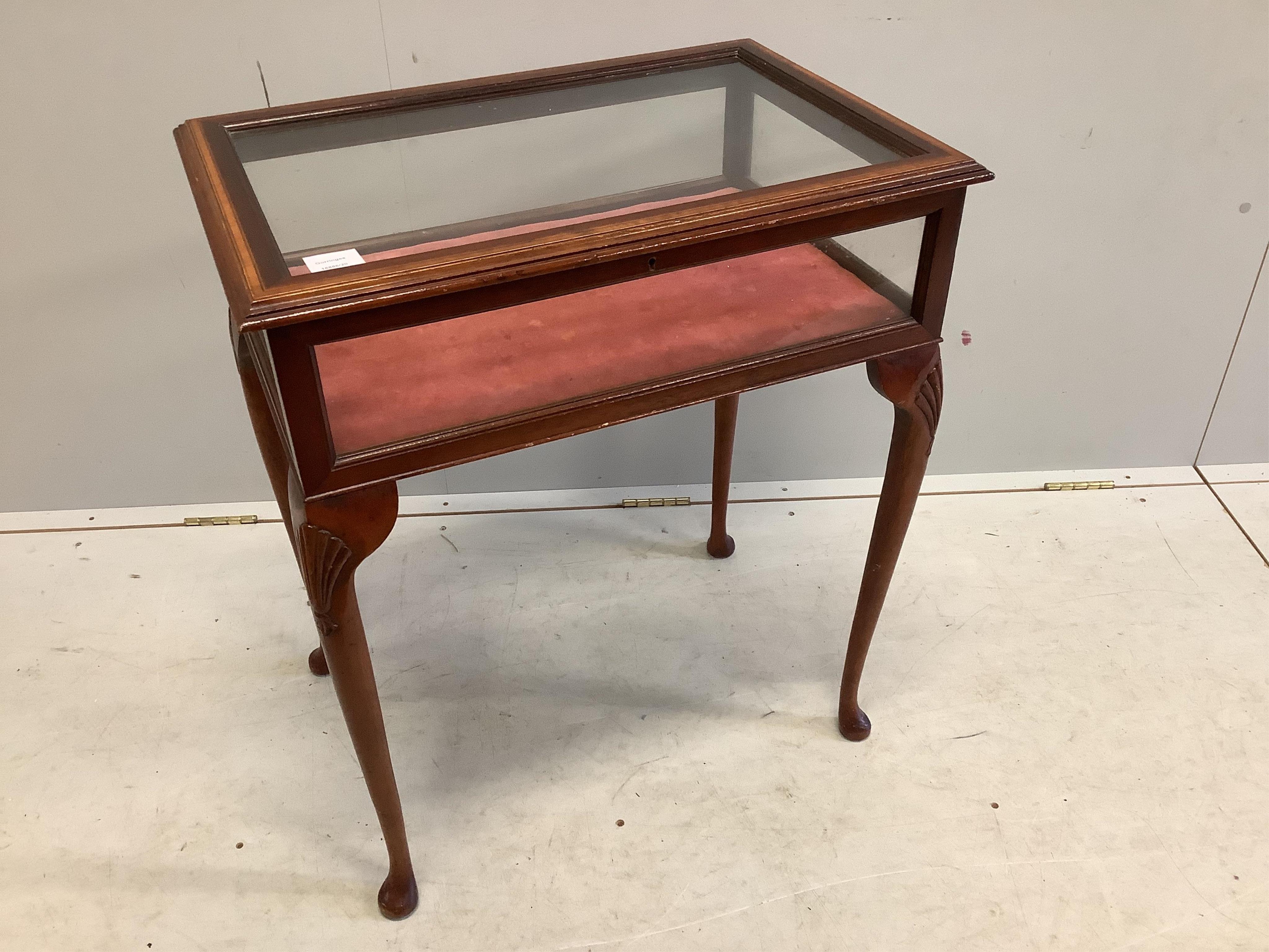 An Edwardian style satinwood banded mahogany bijouterie table, width 64cm, depth 44cm, height 74cm. Condition - fair